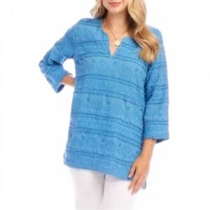 Karen Kane Womens Blue Cotton Embroidered Tunic Top 3/4 Sleeve Size M NWT